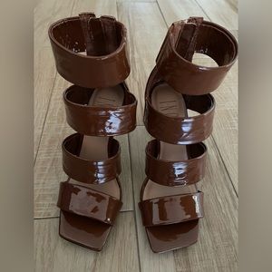 Cognac Patent Liana Strappy Square-Toe Heels